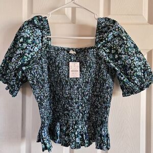 J. Crew Floral Smocked Puff Sleeve Top in Teal/Blue